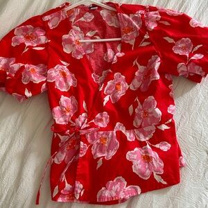 Red floral wrap shirt